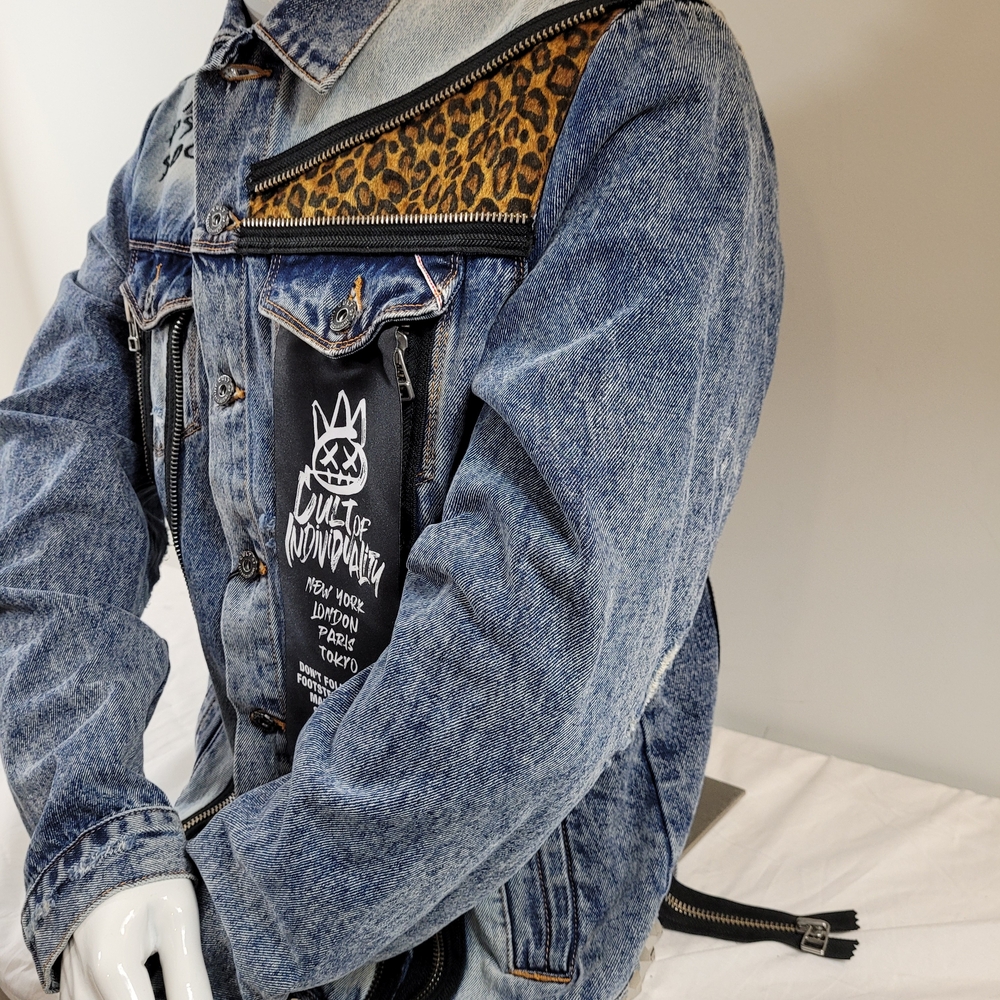 Cult Individuality  Biker Jean Jacket With Rhinestoned Skull & Studded  XL $499 - Picture 3 of 12